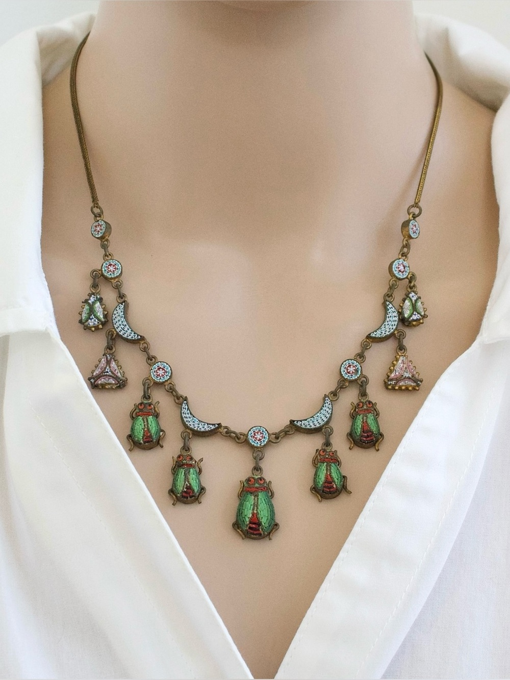 Antique Italian Micro Mosaic Scarab Beetle Festoon Necklace
